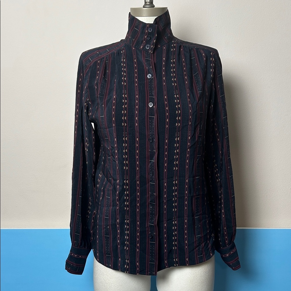 Vintage Silk Navy Purple High Collar Shirt size 8 - small